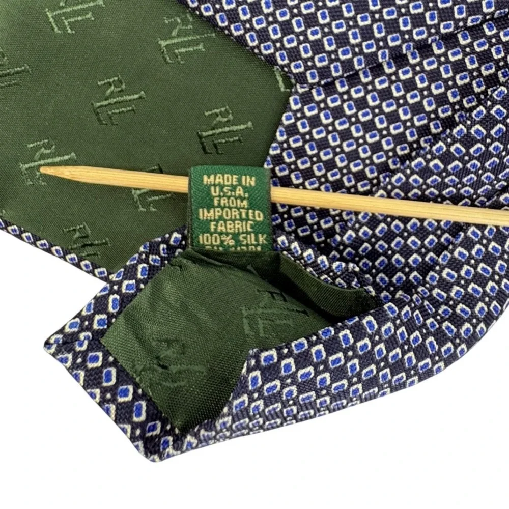 Lauren Ralph Lauren Mens Silk Tie Navy Blue Geometric Micro Square Hand Finished